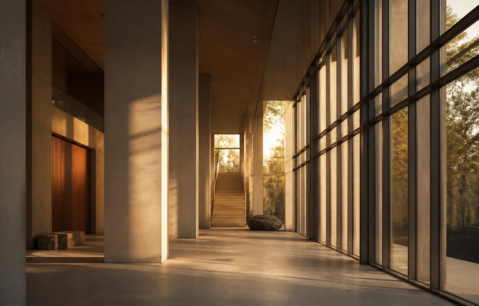 A quiet modern atrium at golden hour